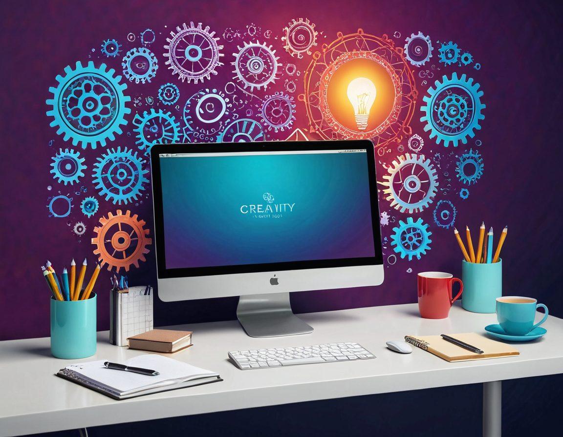 A serene digital workspace, featuring a clean desktop with organized online favorites icons, a clear browser window, and a tea cup beside a notebook filled with workflow ideas. The backdrop should depict a harmonious blend of vibrant colors flowing from chaos to clarity, symbolizing transition and organization. Include elements like light bulbs and gears subtly integrated into the design to symbolize ideas and productivity. digital art. vibrant colors. 3D.
