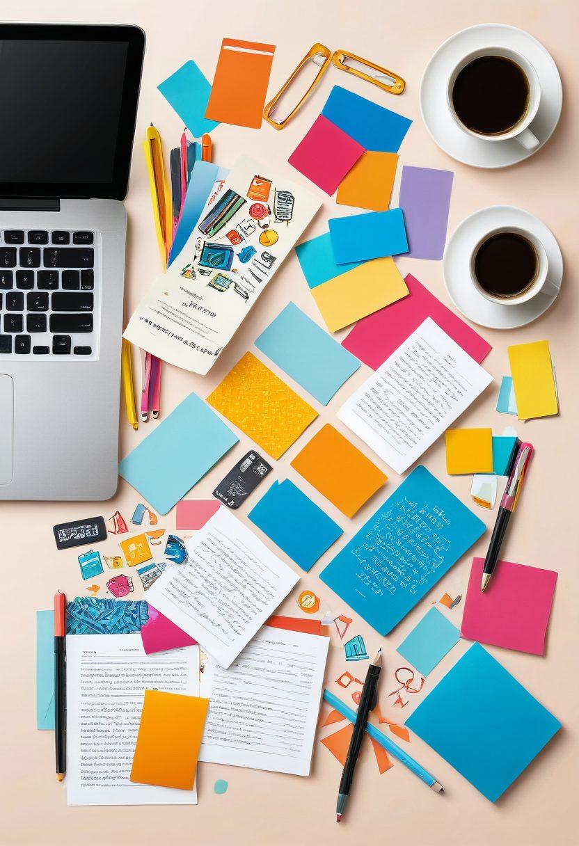 A visually appealing digital workspace featuring a diverse collection of bookmarks organized in a vibrant grid layout, surrounded by tools like a laptop, sticky notes, and a coffee cup. Include colorful icons representing various topics like travel, education, and technology. The background should be light and airy to inspire productivity. vector art. vibrant colors. white background.