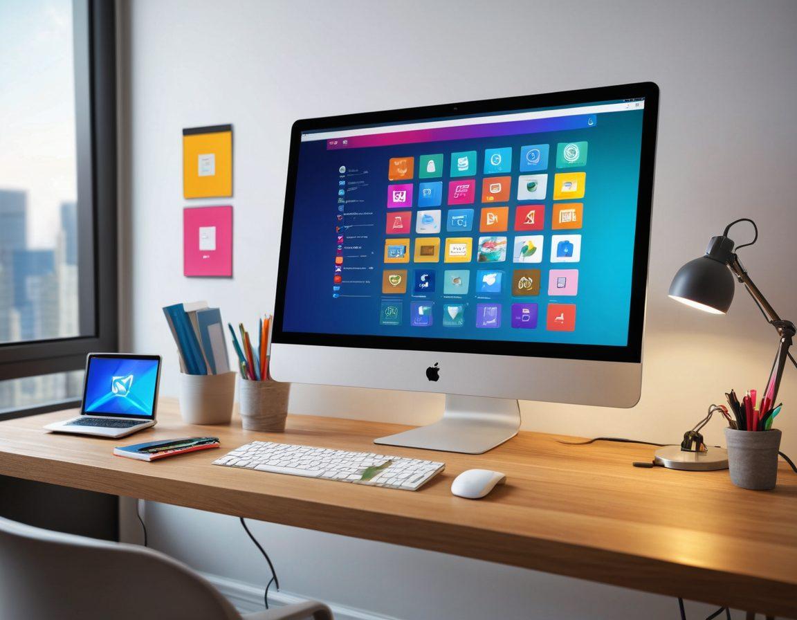 A visually engaging digital workspace featuring a modern computer screen displaying various bookmark tools like stylish icons, colorful tabs, and organized folders. In the background, there are floating digital icons representing online favorites like articles, videos, and websites. The scene is well-lit with vibrant colors, conveying a sense of productivity and creativity. Include elements of technology, such as wires or abstract patterns, to enhance the digital theme. super-realistic. vibrant colors. modern design.